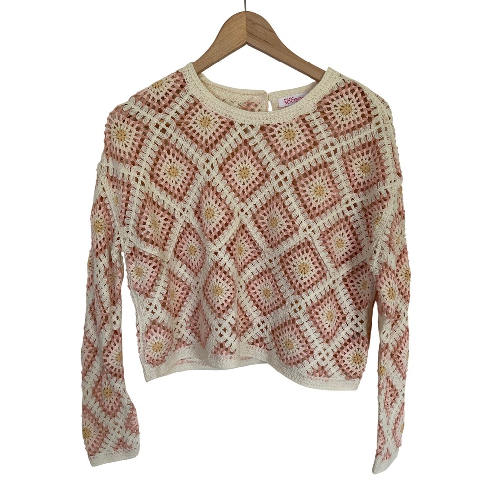 mini SOCIETY Crochet Granny‎ Square Sweater XL Pink Cream Yellow Boho Open Knit